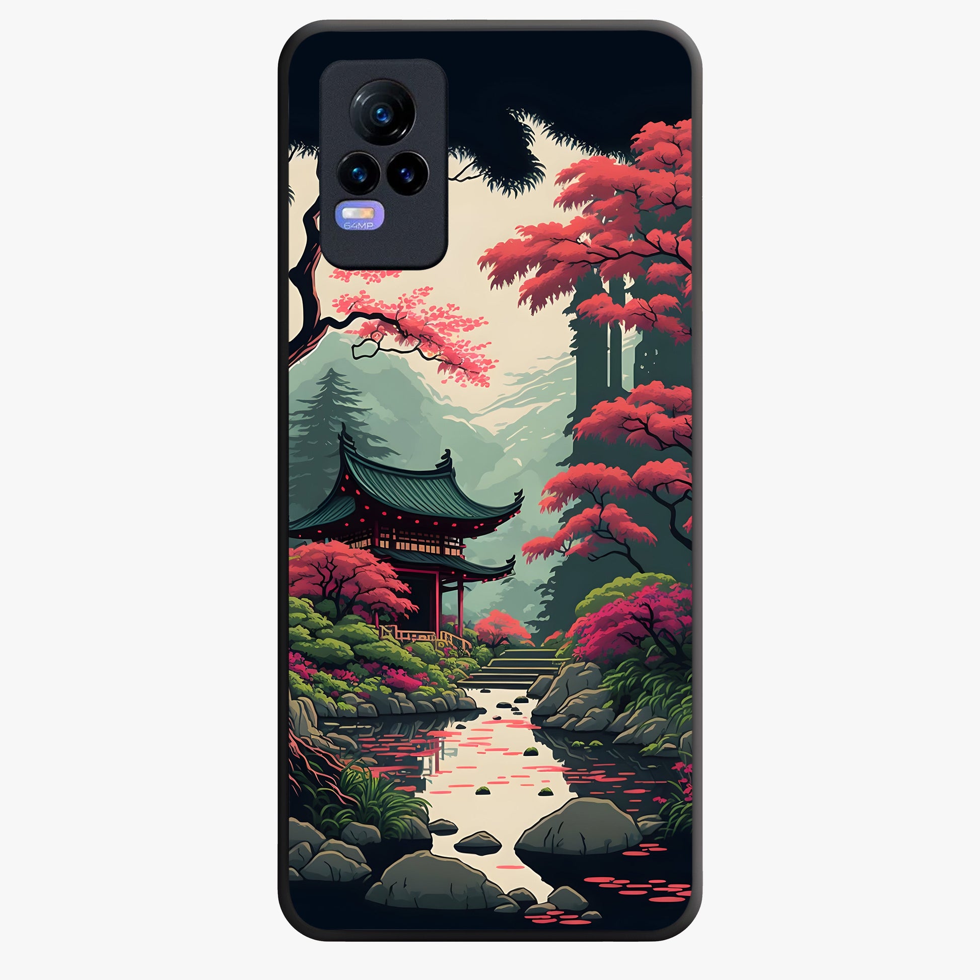 Crimson Temple View Glass Case showing flat back view with temple inspired artwork and glossy glass finish.