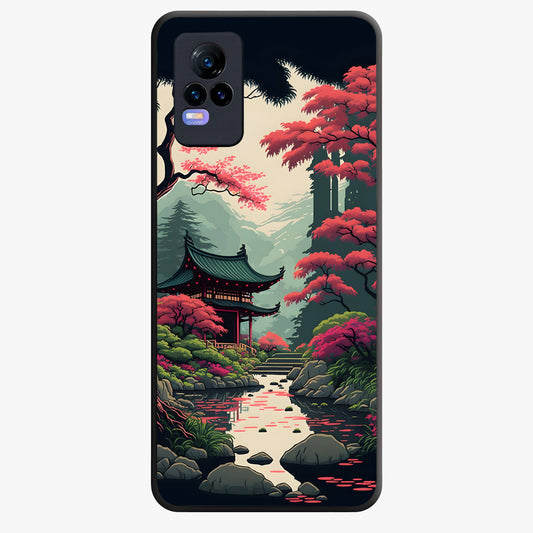 Crimson Temple View Glass Case showing flat back view with temple inspired artwork and glossy glass finish.