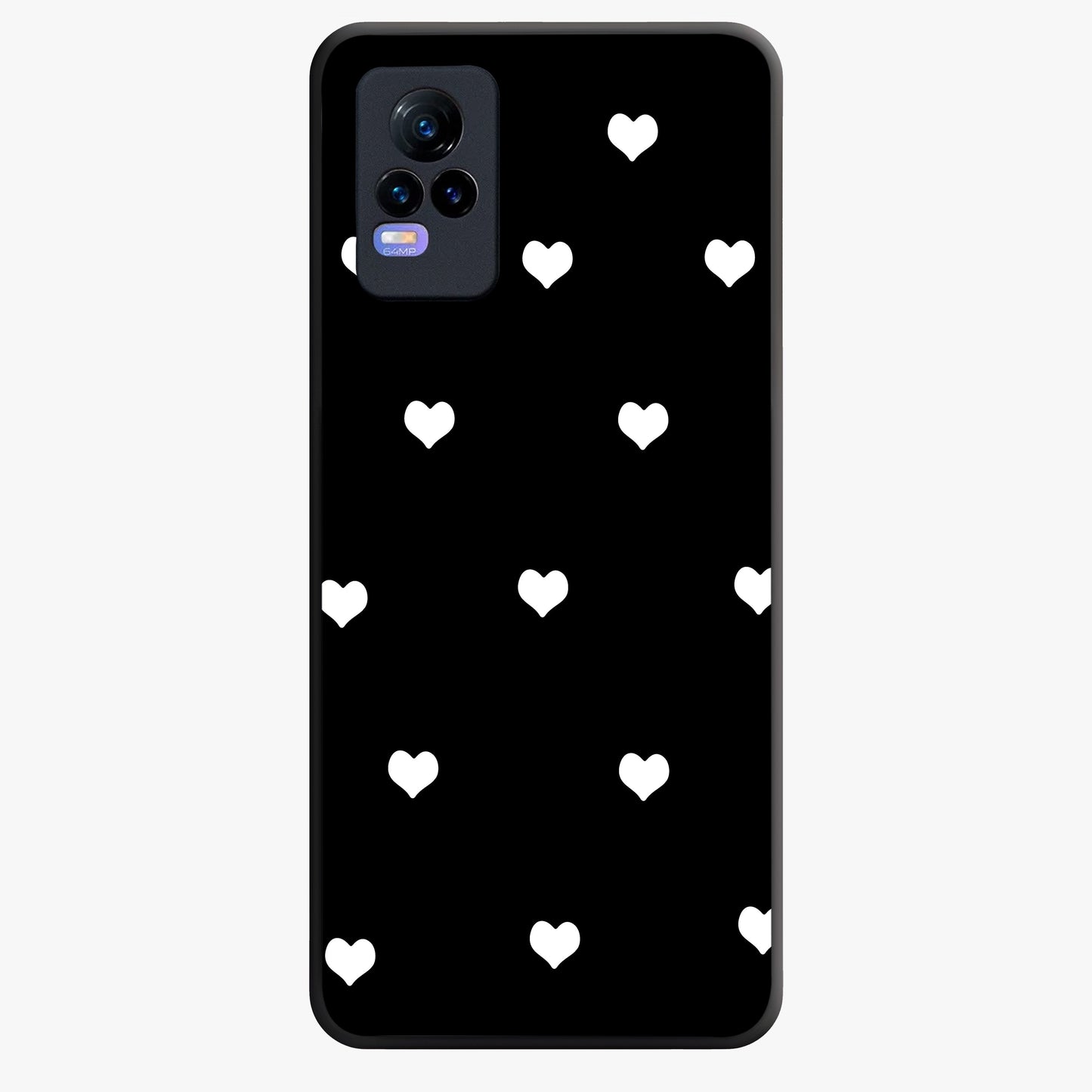Cute And Simple White Hearts Glass Case showing flat back view with minimal white heart pattern and glossy glass finish.