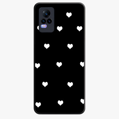 Cute And Simple White Hearts Glass Case showing flat back view with minimal white heart pattern and glossy glass finish.