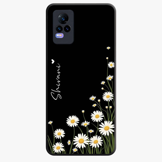 Daisy Cascade Custom Name Glass Case showing flat back view with cascading daisy flowers and personalized name design.