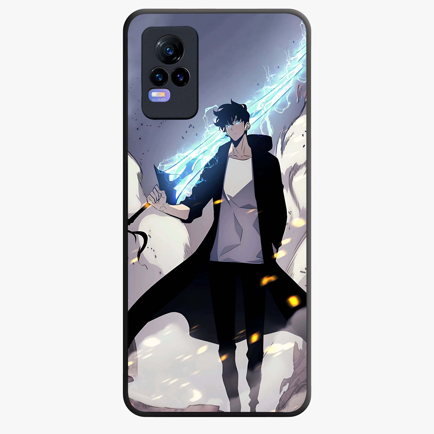 Dark Lightning Anime Warrior Glass Case showing flat back view with intense anime warrior artwork and glossy glass finish.