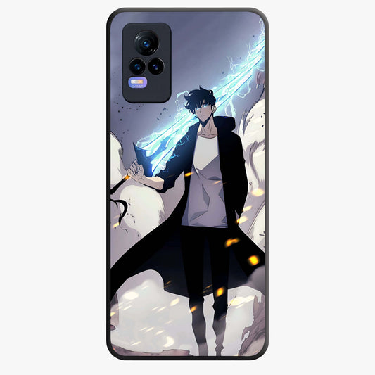 Dark Lightning Anime Warrior Glass Case showing flat back view with intense anime warrior artwork and glossy glass finish.
