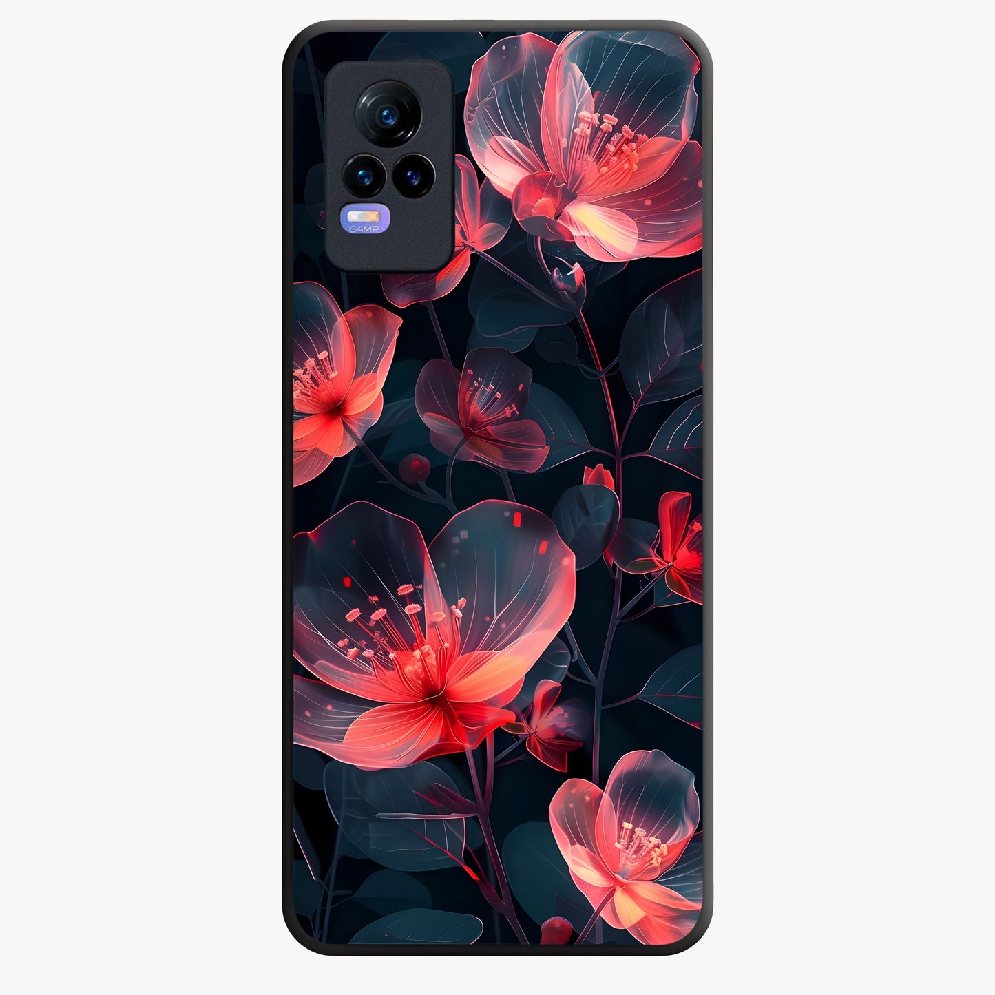 Dark Shade of Flower Glass Case showing flat back view with elegant dark floral artwork and glossy glass finish.