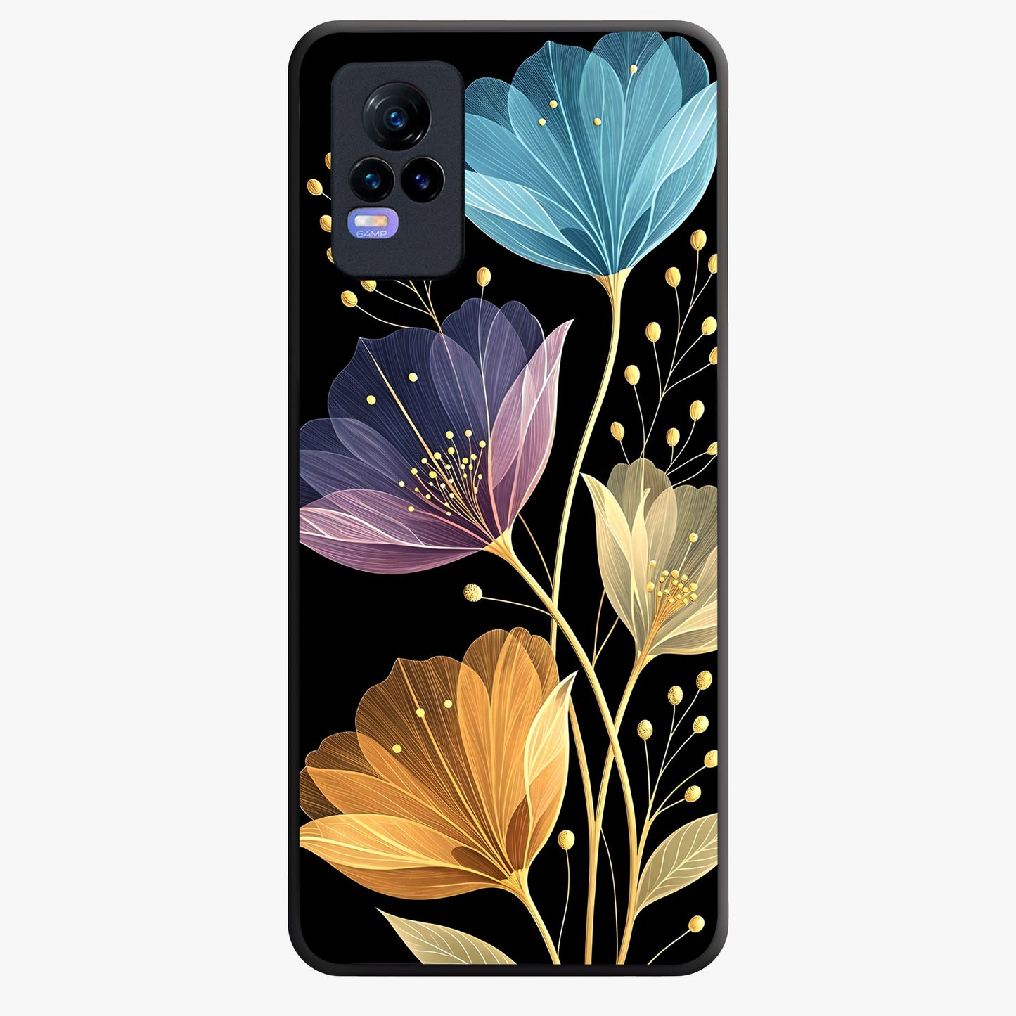 Delicate Multicolor Flowers Glass Case showing flat back view with vibrant floral artwork and glossy glass finish.