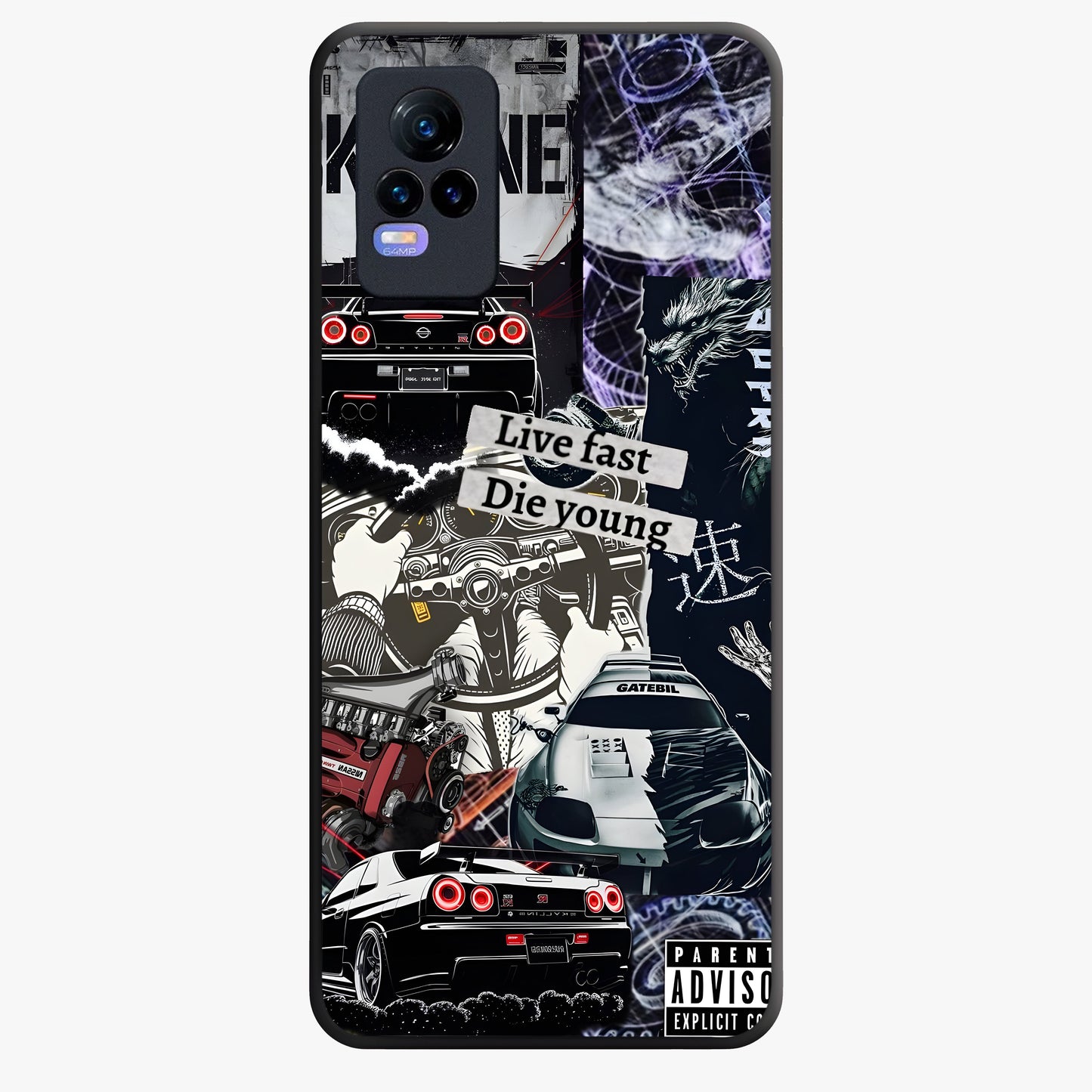 Die Young Glass Case showing flat back view with bold artistic typography design and glossy glass finish.