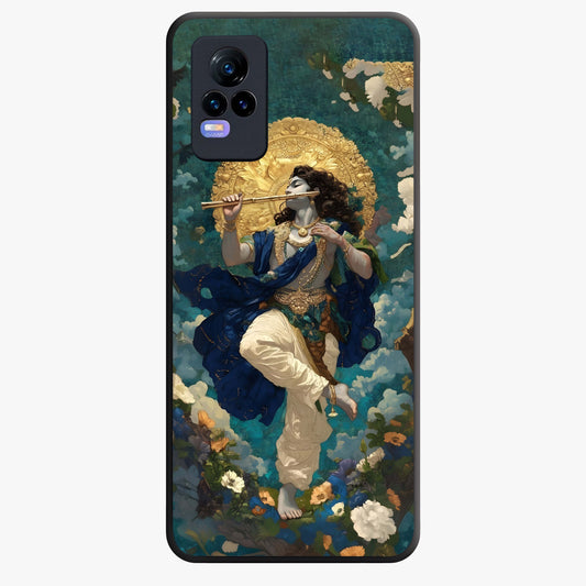 Divine Krishna Art Glass Case showing flat back view with Lord Krishna artwork and glossy glass finish.
