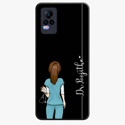 Doctor Pattern Custom Name Glass Case showing flat back view with medical themed pattern and personalized name design.