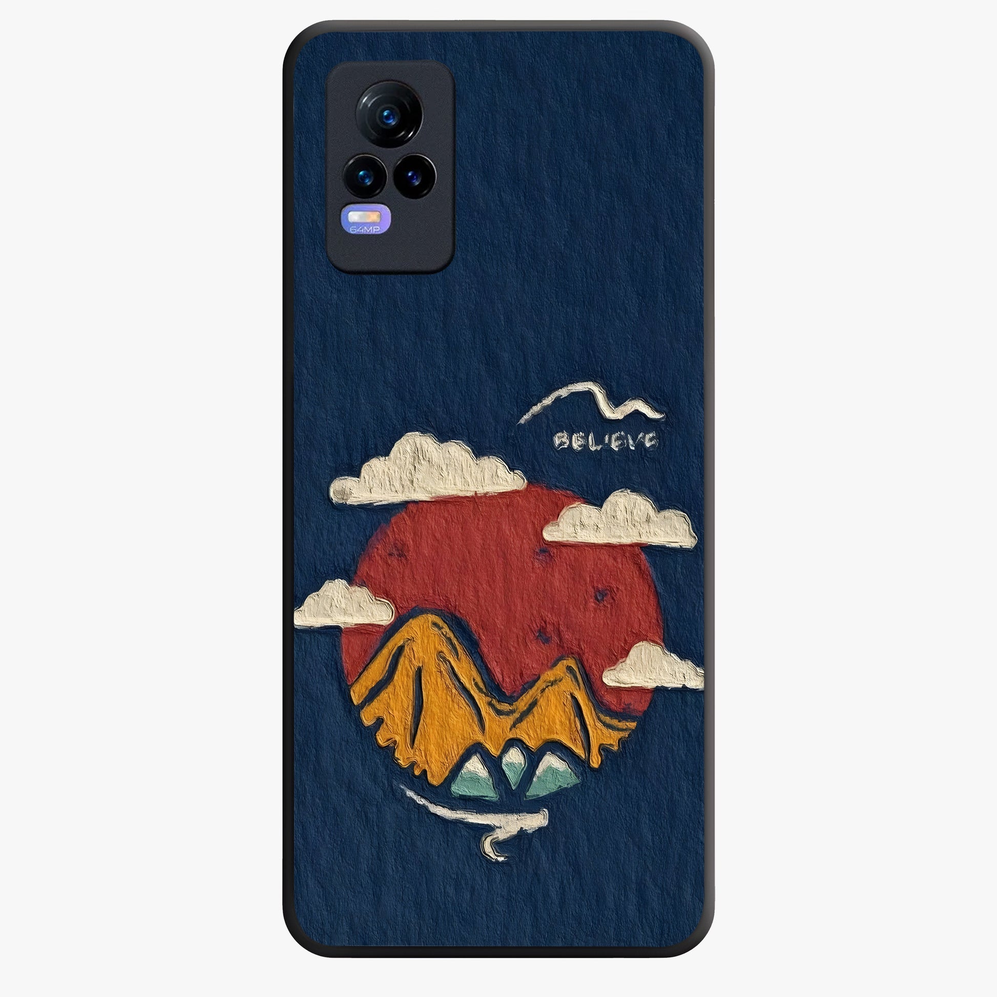 Dream Beyond Mountains Glass Case showing flat back view with scenic mountain landscape artwork and glossy glass finish.