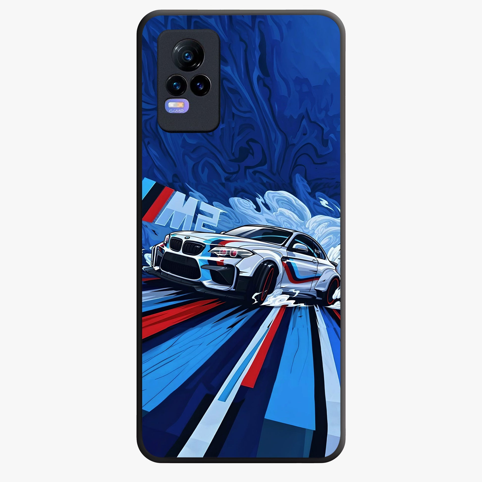 Drift Power Rush Glass Case showing flat back view with dynamic racing inspired artwork and glossy glass finish.