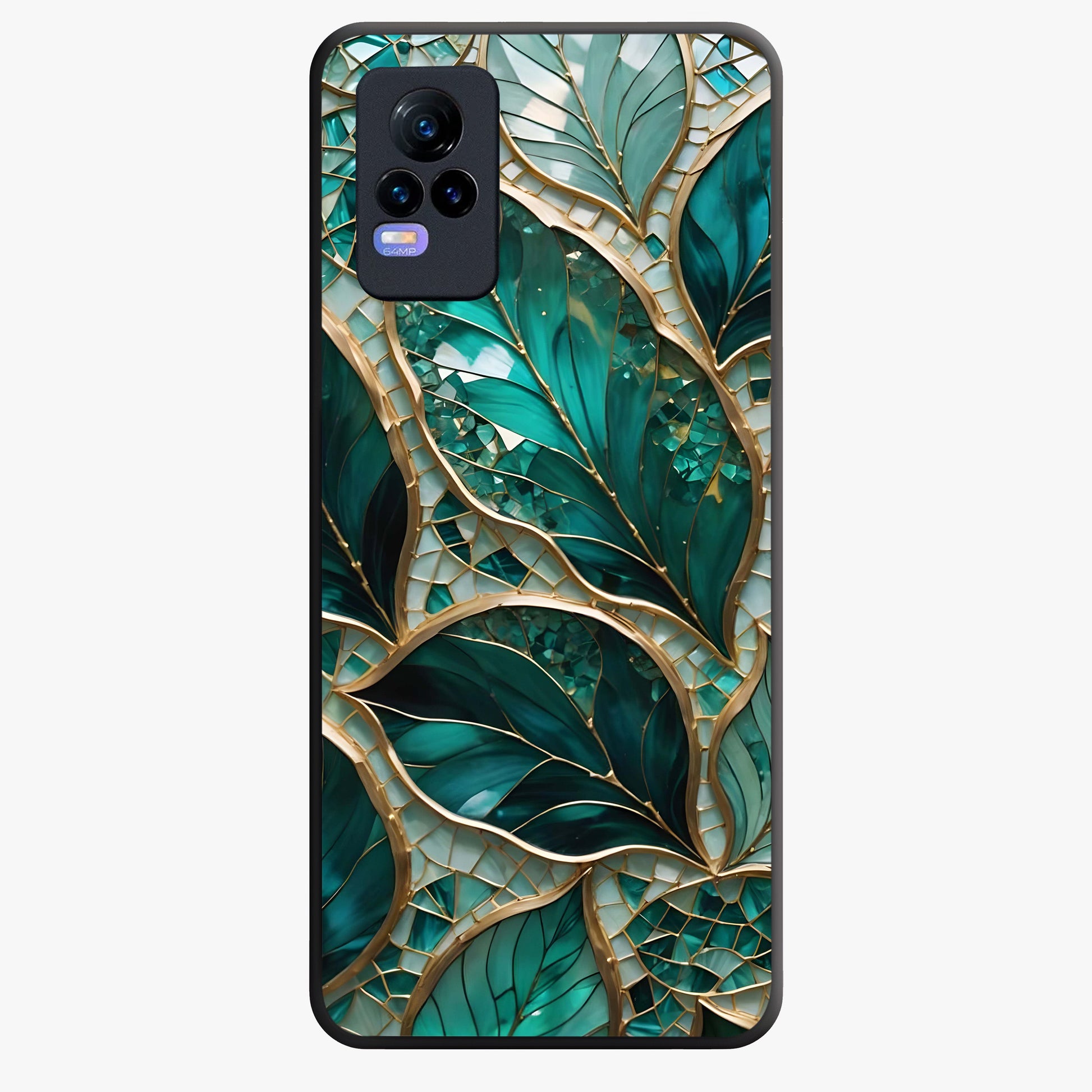 Emerald Leaf Glass Glass Case showing flat back view with emerald green leaf artwork and glossy glass finish.