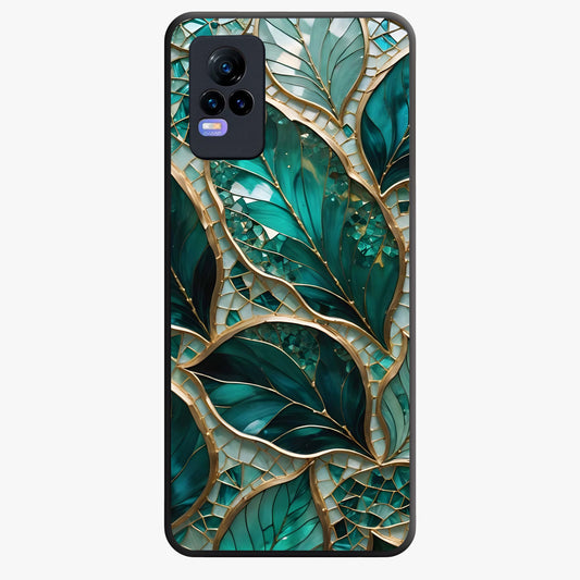 Emerald Leaf Glass Glass Case showing flat back view with emerald green leaf artwork and glossy glass finish.
