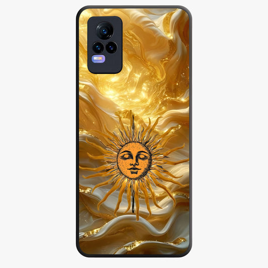 Eternal Golden Glow Glass Case showing flat back view with radiant golden themed artwork and glossy glass finish.