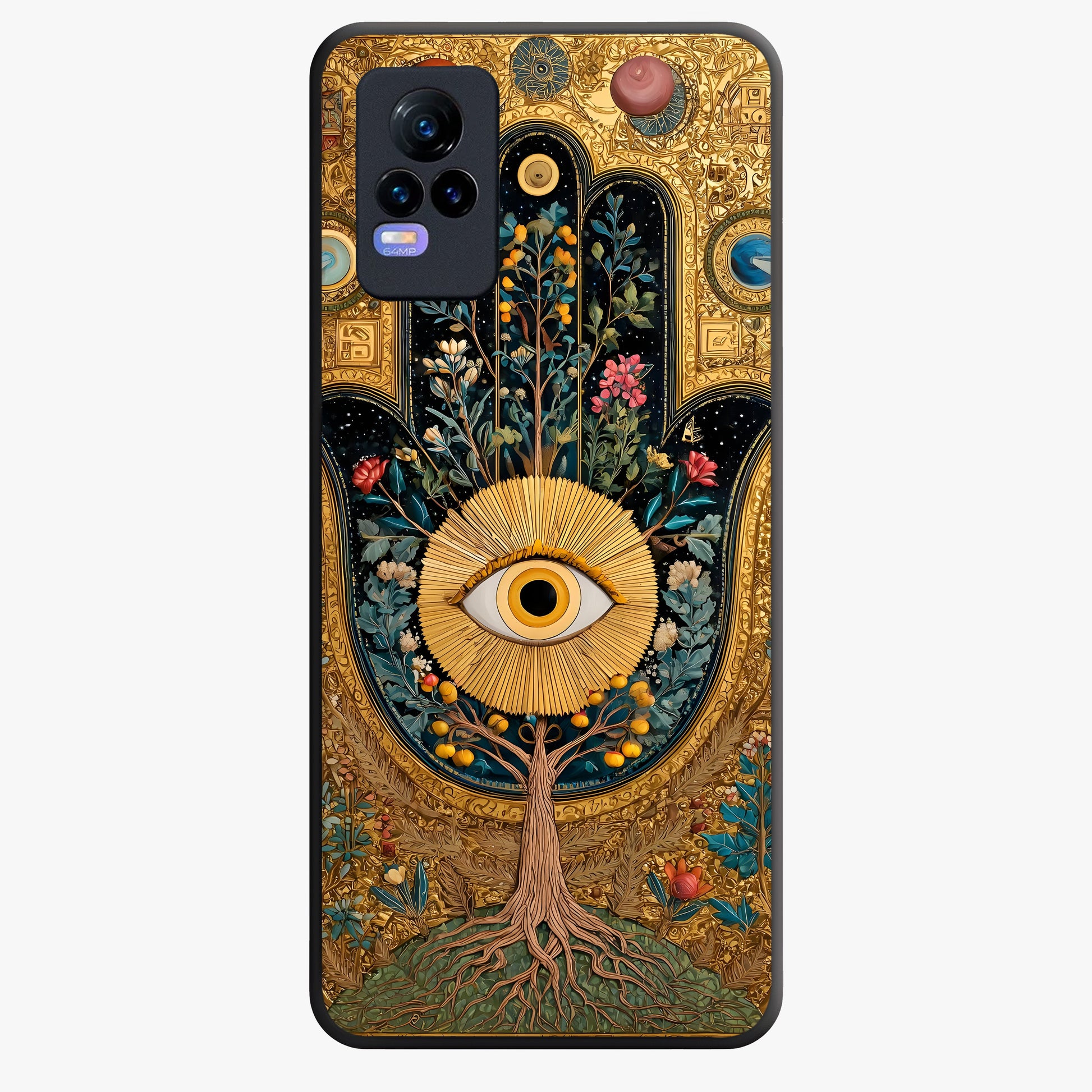 Ethereal Evil Eye Glass Case showing flat back view with mystical evil eye artwork and glossy glass finish.