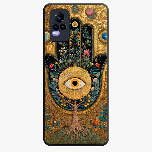 Ethereal Evil Eye Glass Case showing flat back view with mystical evil eye artwork and glossy glass finish.