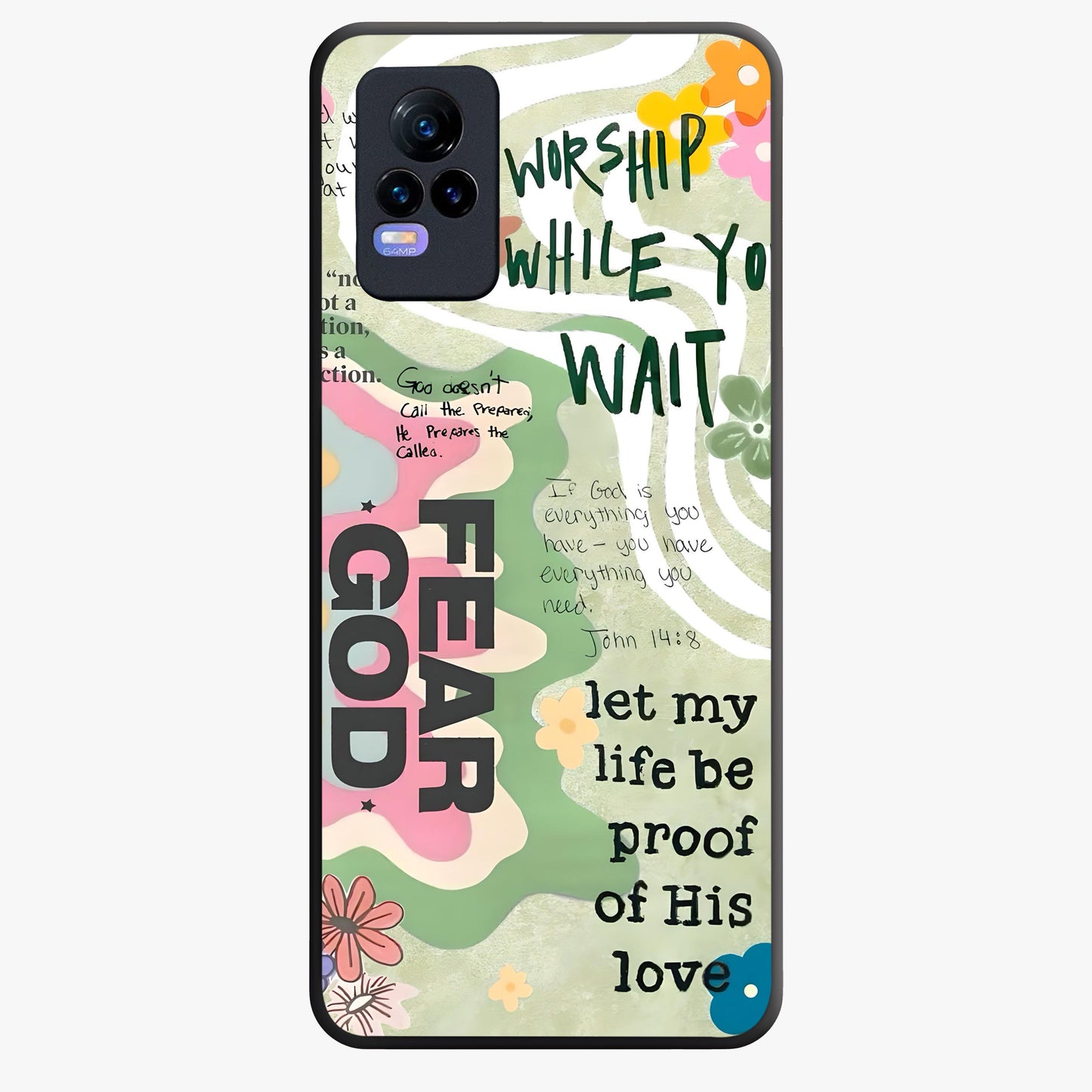 Faith Over Fear Glass Case showing flat back view with motivational typography artwork and glossy glass finish.