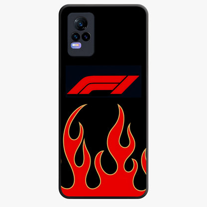Fire F11 Glass Case showing flat back view with fiery themed artwork and glossy glass finish.