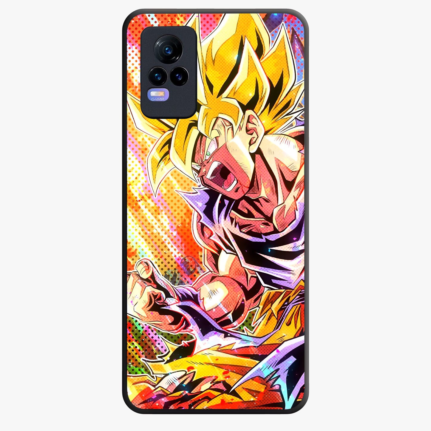 Firing Goku Glass Case showing flat back view with powerful anime inspired artwork and glossy glass finish.