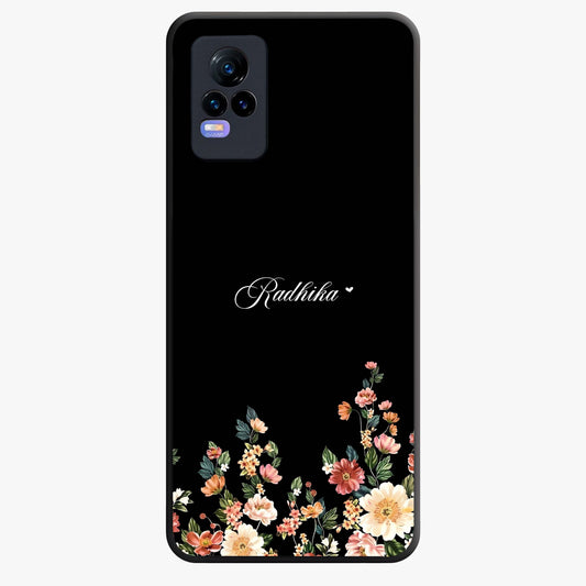 Floral Design With a Custom Personalized Name Glass Case showing flat back view with floral artwork and personalized name design.