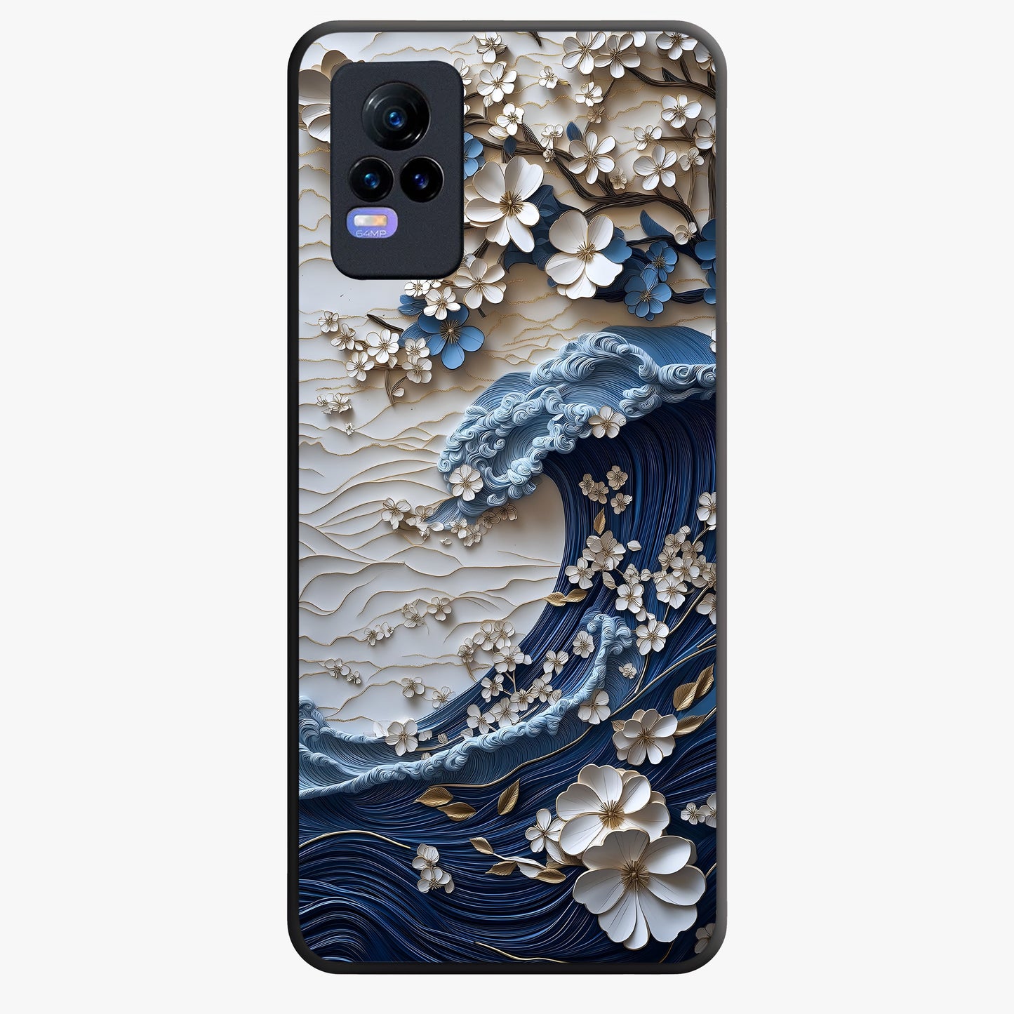 Floral Wave Origami Glass Case showing flat back view with origami inspired floral wave artwork and glossy glass finish.