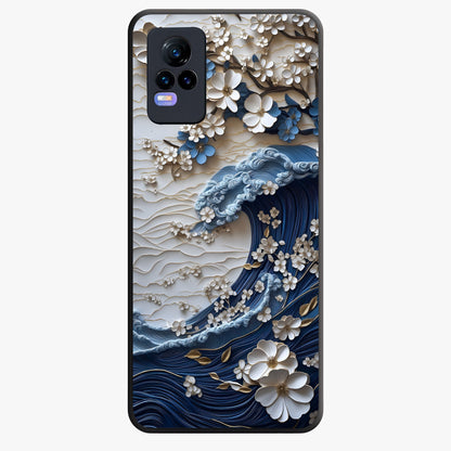 Floral Wave Origami Glass Case showing flat back view with origami inspired floral wave artwork and glossy glass finish.