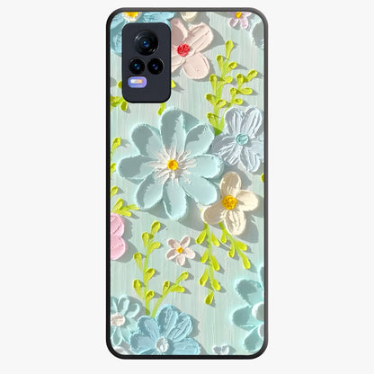 Frosted Petal Garden Glass Case showing flat back view with soft frosted floral artwork and glossy glass finish.