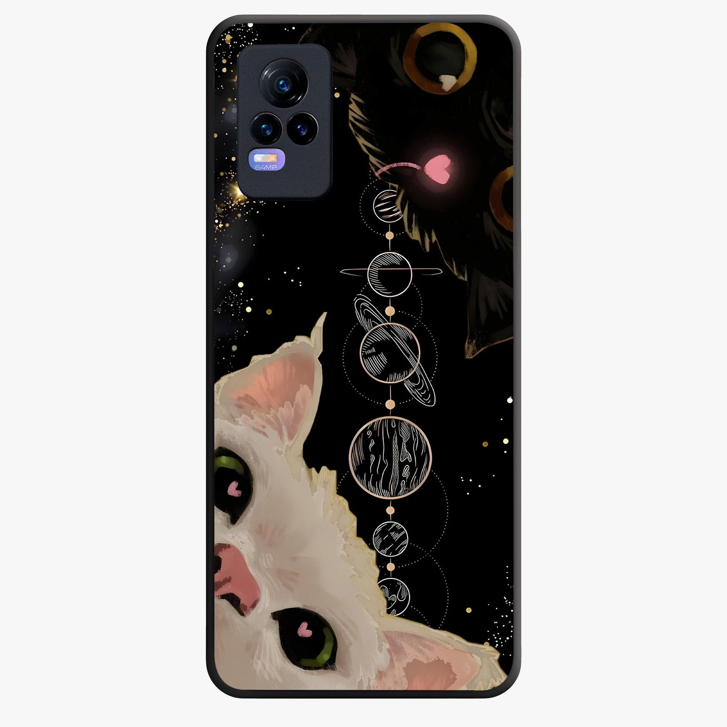 Galactic Cat Glass Case showing flat back view with cosmic cat artwork and glossy glass finish.