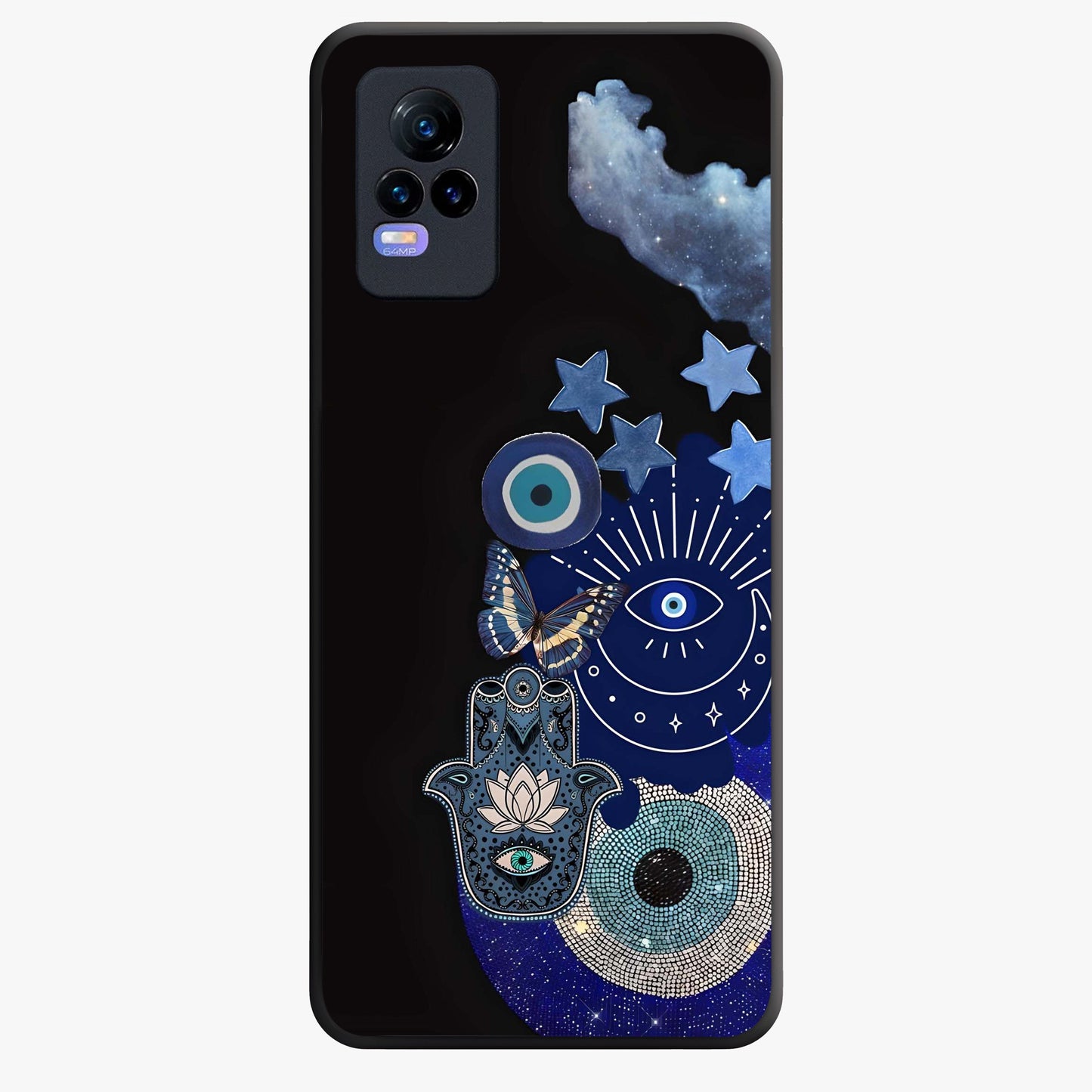 Galactic Charm Cluster Glass Case showing flat back view with glowing celestial charm artwork and glossy glass finish.