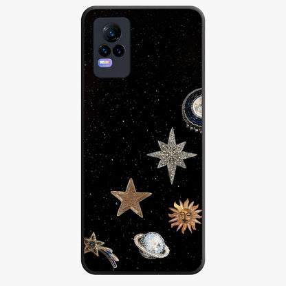 Galactic Charm Glow Glass Case showing flat back view with glowing celestial charm artwork and glossy glass finish.