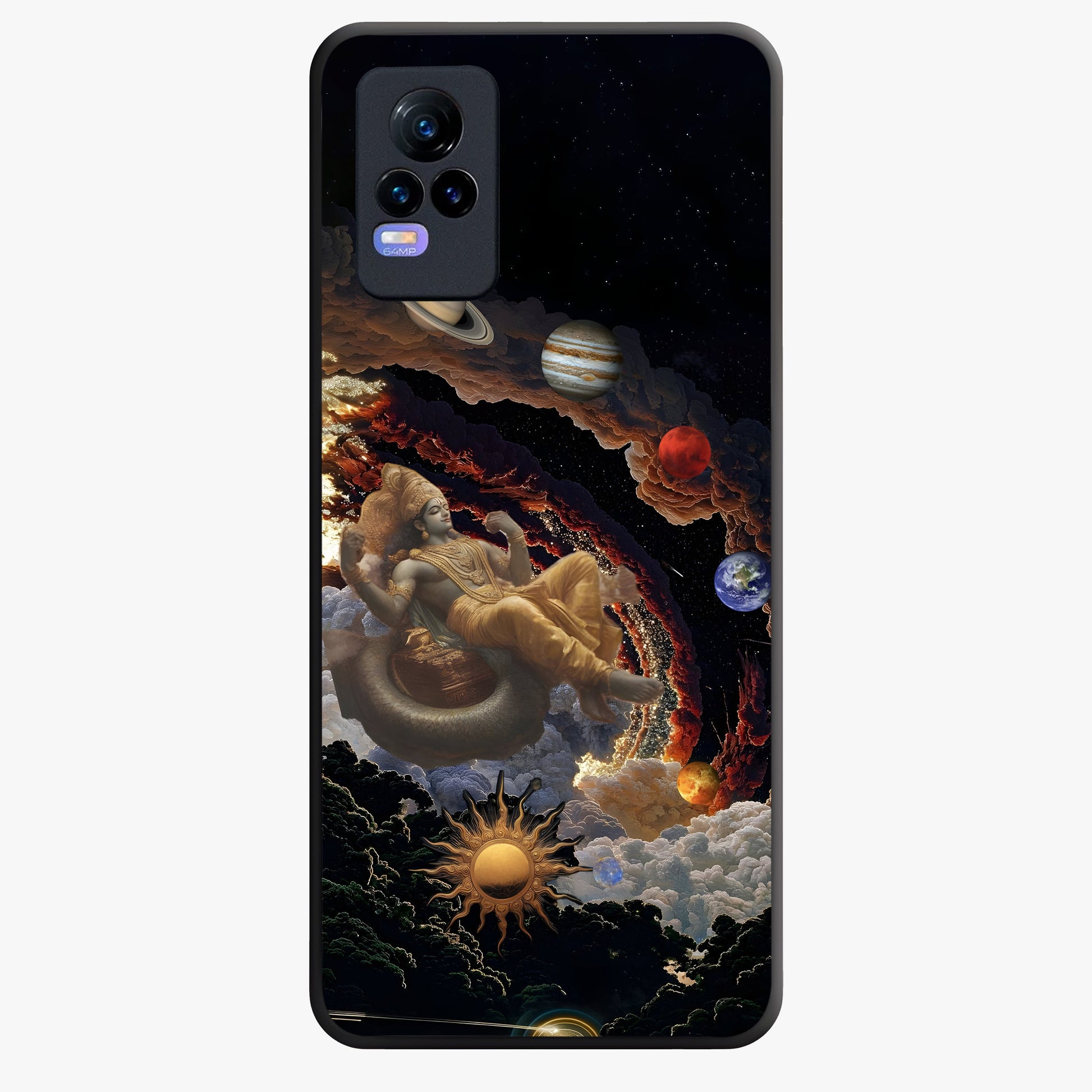 Galactic Divine God Glass Case showing flat back view with divine cosmic themed artwork and glossy glass finish.