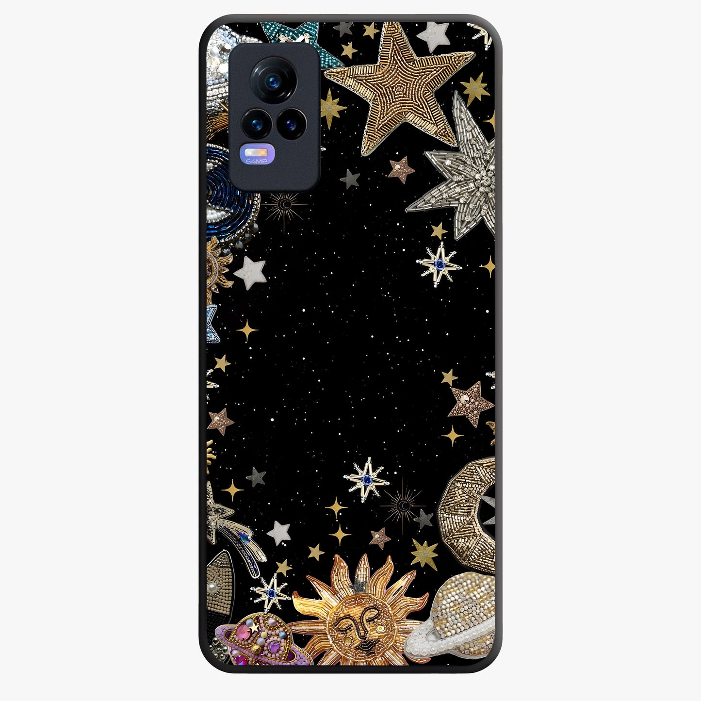 Galactic Jewel Stars Glass Case showing flat back view with sparkling star jewel artwork and glossy glass finish.