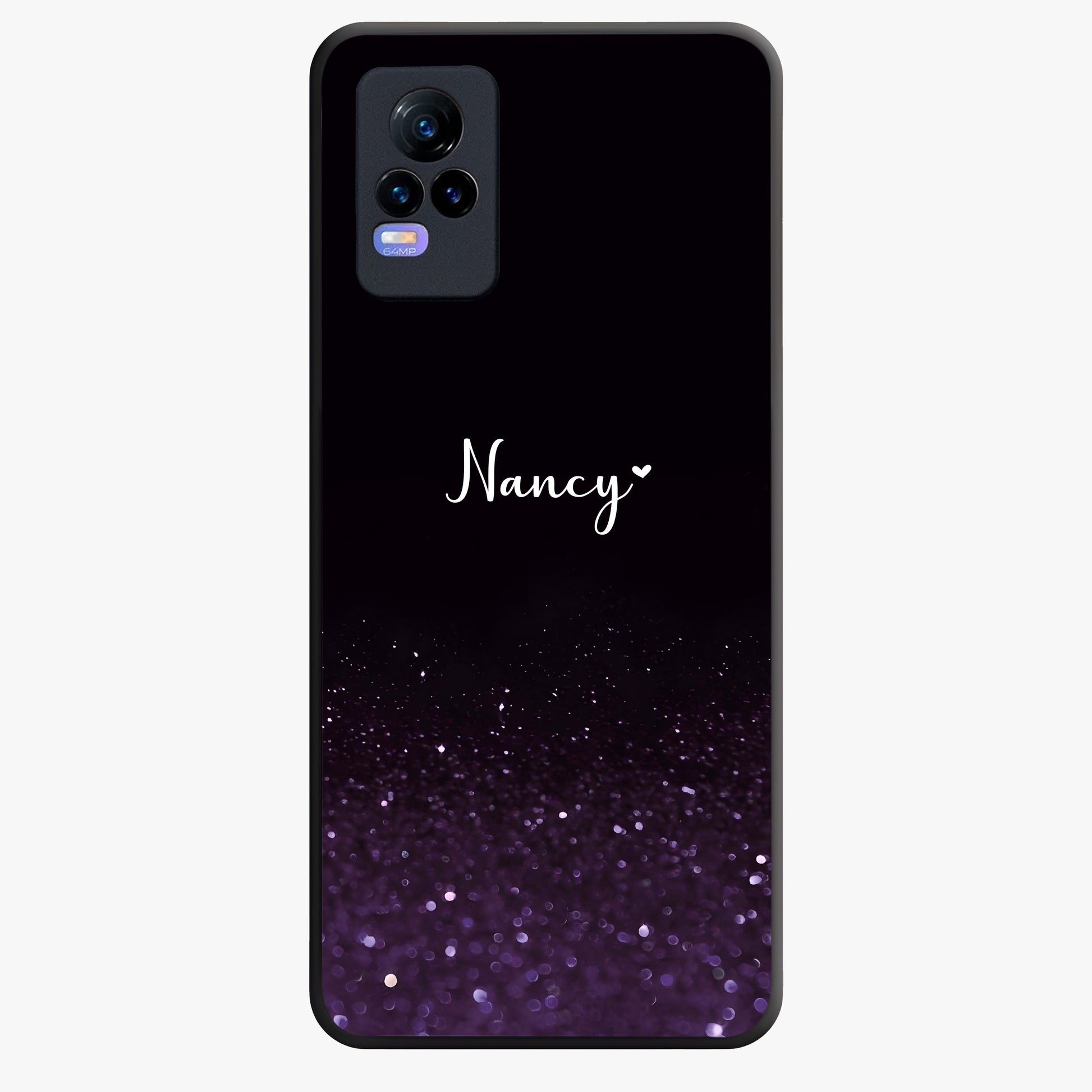Glittery Purple Bokeh Custom Name Glass Case showing flat back view with purple bokeh sparkle artwork and personalized name design.
