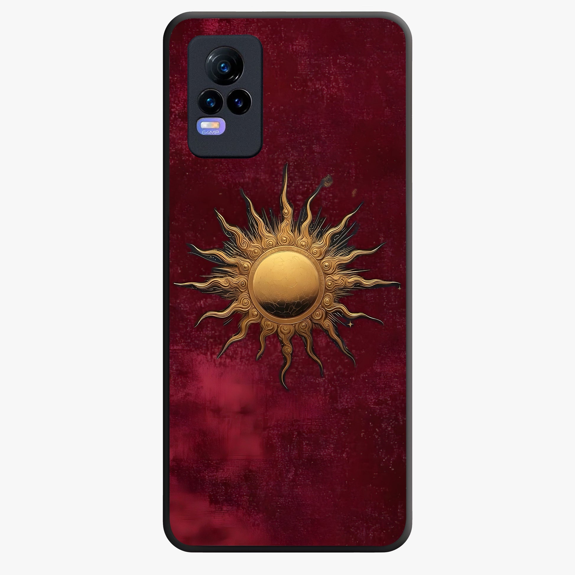 Gold Sun Blush Glass Case showing flat back view with golden sun inspired artwork and glossy glass finish.