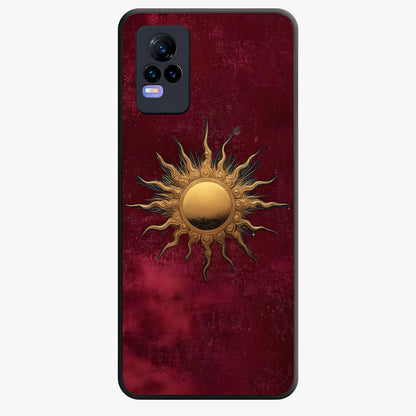 Gold Sun Blush Glass Case showing flat back view with golden sun inspired artwork and glossy glass finish.