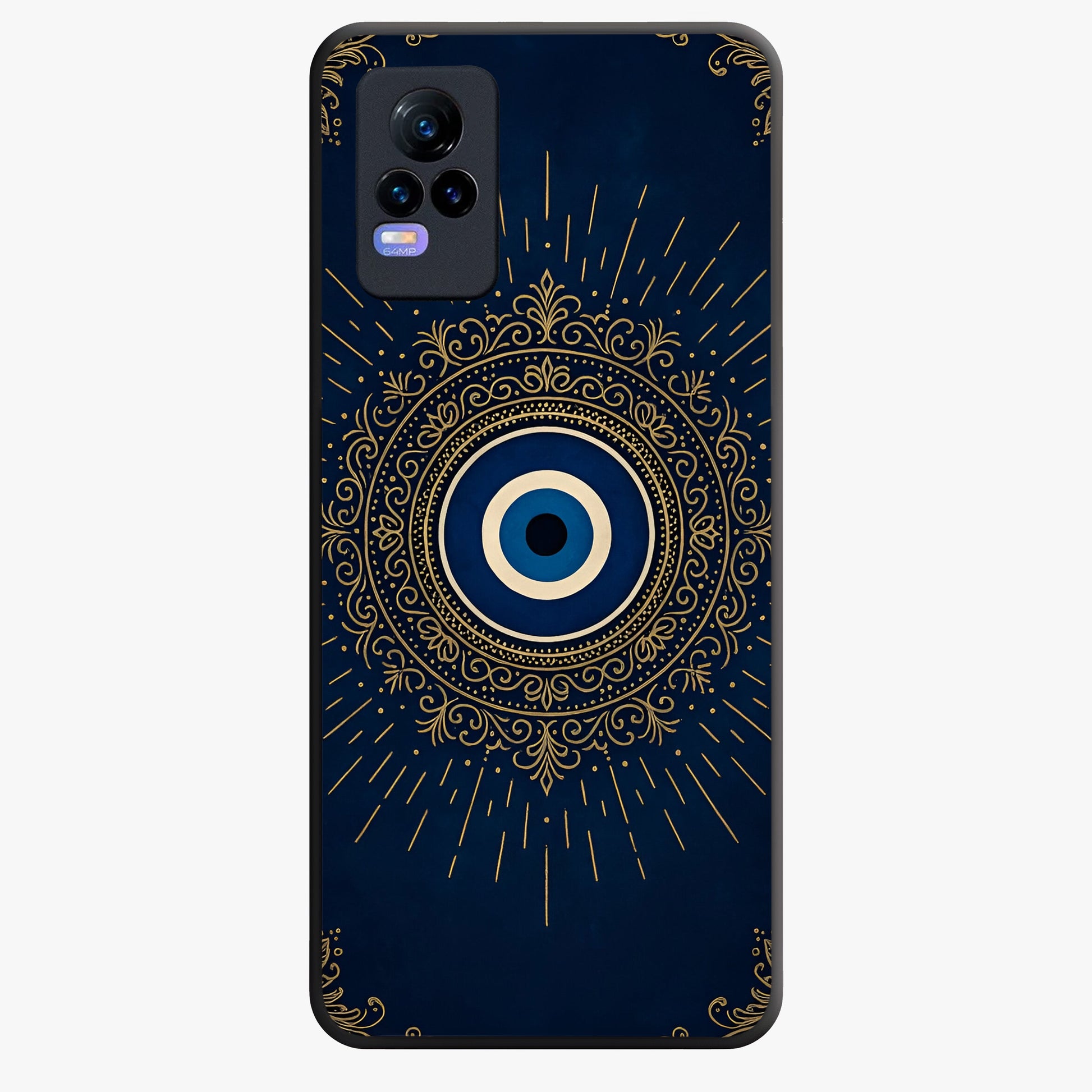 Golden Evil Eye Mandala Glass Case showing flat back view with intricate evil eye mandala artwork and glossy glass finish.