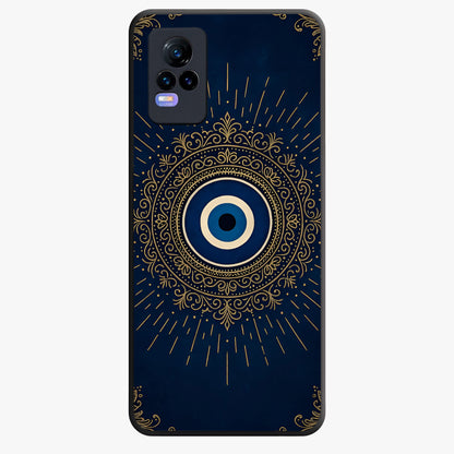 Golden Evil Eye Mandala Glass Case showing flat back view with intricate evil eye mandala artwork and glossy glass finish.