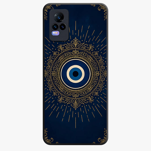 Golden Evil Eye Mandala Glass Case showing flat back view with intricate evil eye mandala artwork and glossy glass finish.