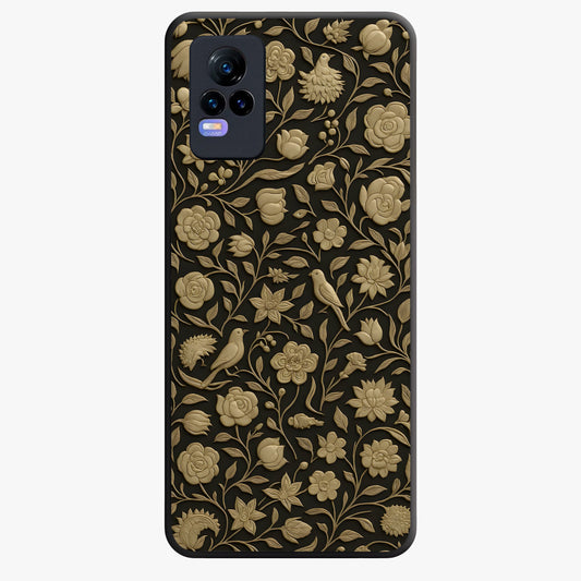 Golden Floral Majesty Glass Case showing flat back view with luxurious golden floral artwork and glossy glass finish.
