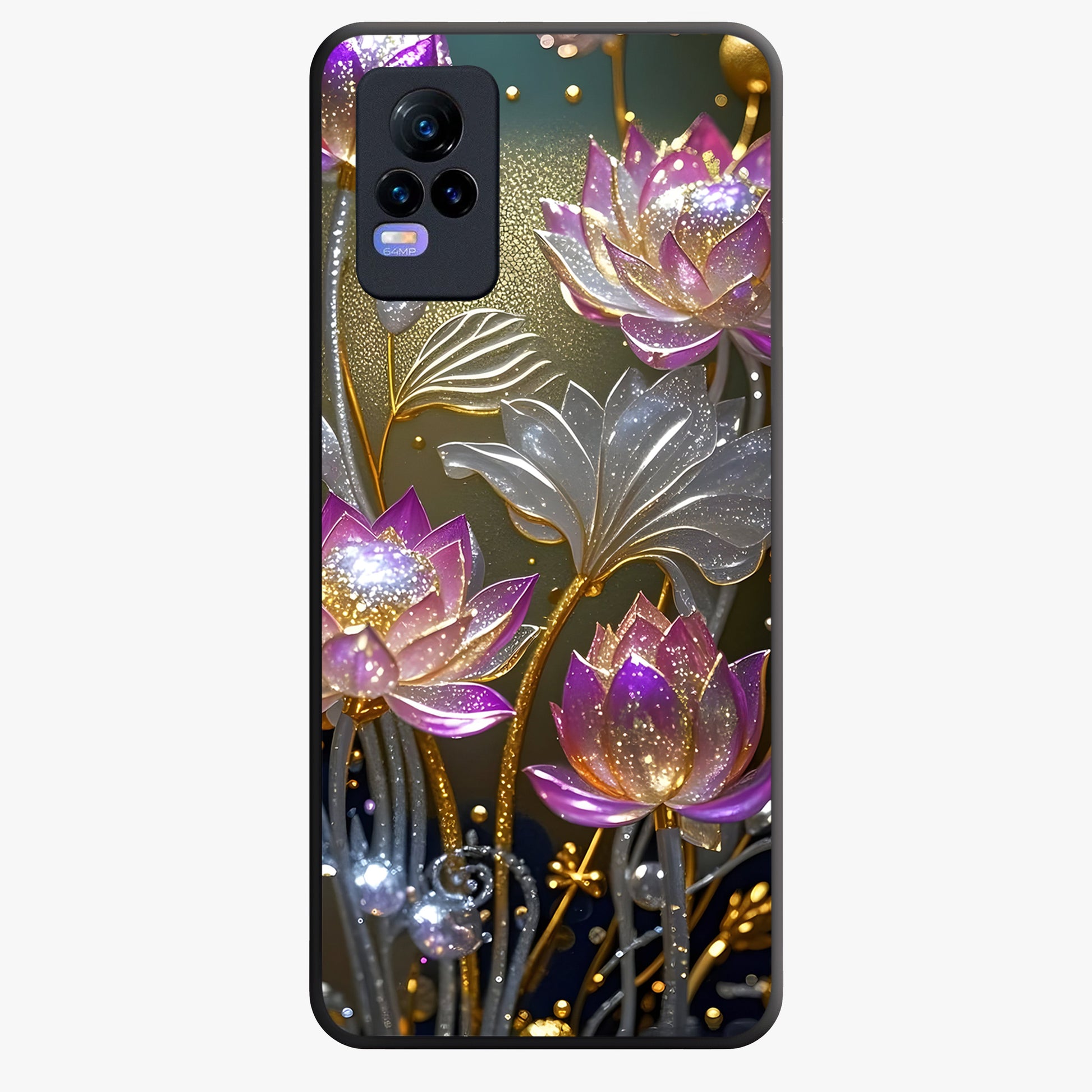 Golden Lotus Glow Glass Case showing flat back view with glowing lotus flower artwork and glossy glass finish.