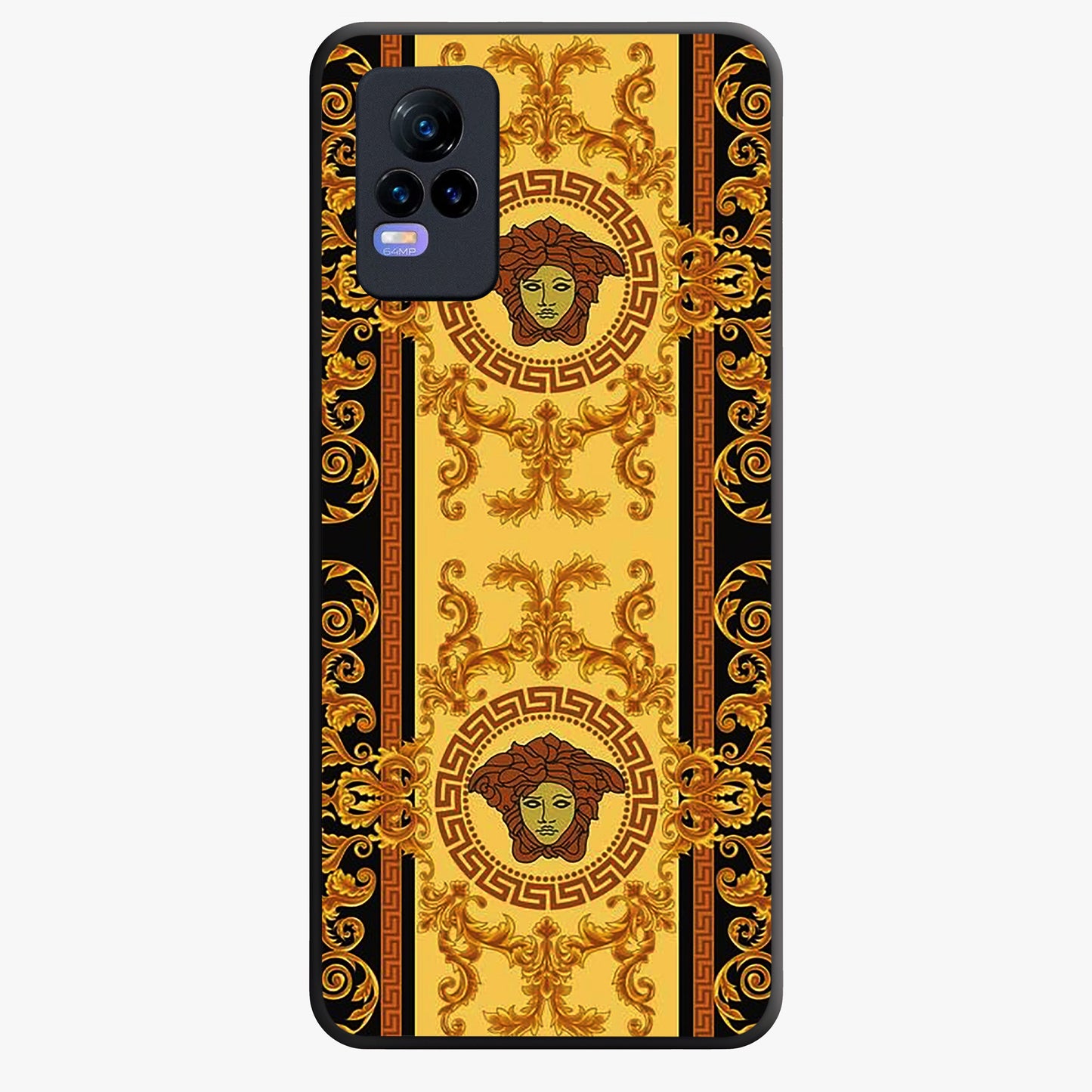 Golden Royal Heritage Glass Case showing flat back view with ornate royal pattern artwork and glossy glass finish.
