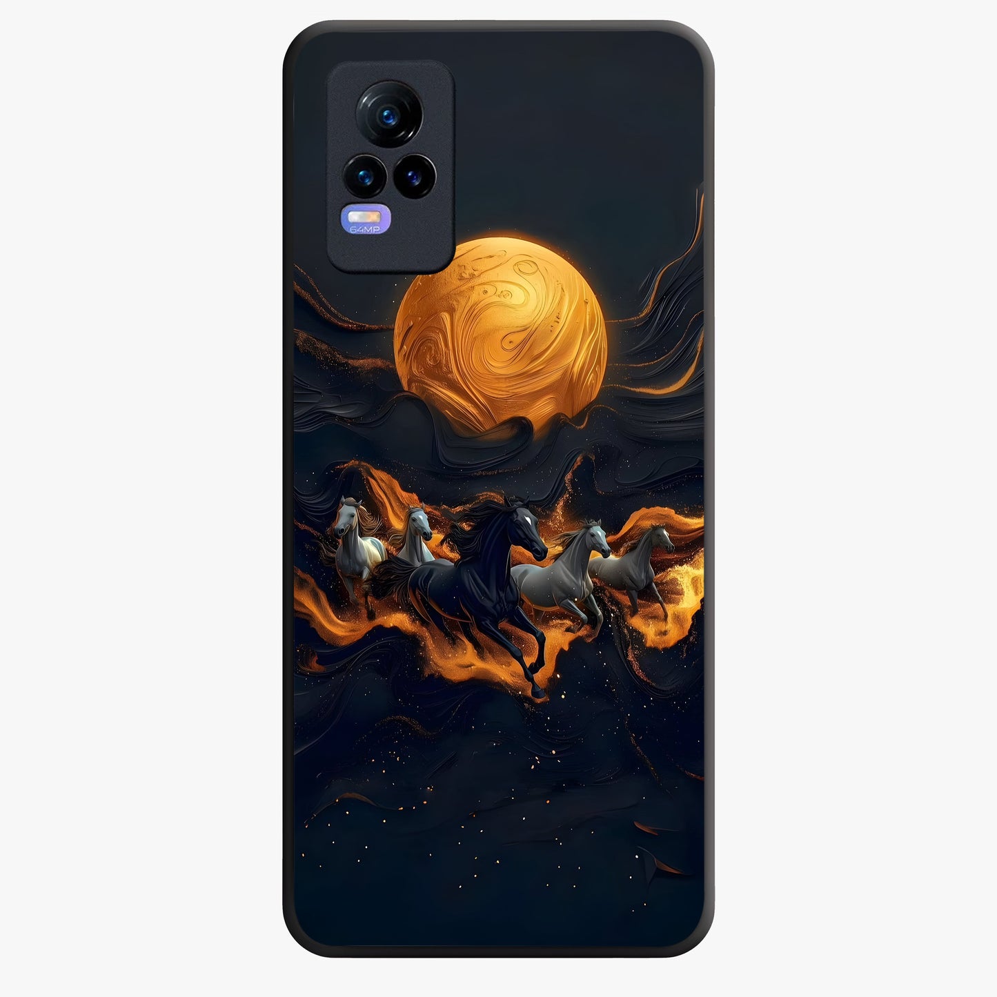 Golden Stallion Moonride Glass Case showing flat back view with majestic horse under moonlight artwork and glossy glass finish.