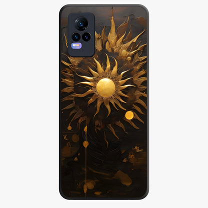 Golden Sun Majesty Glass Case showing flat back view with radiant golden sun artwork and glossy glass finish.