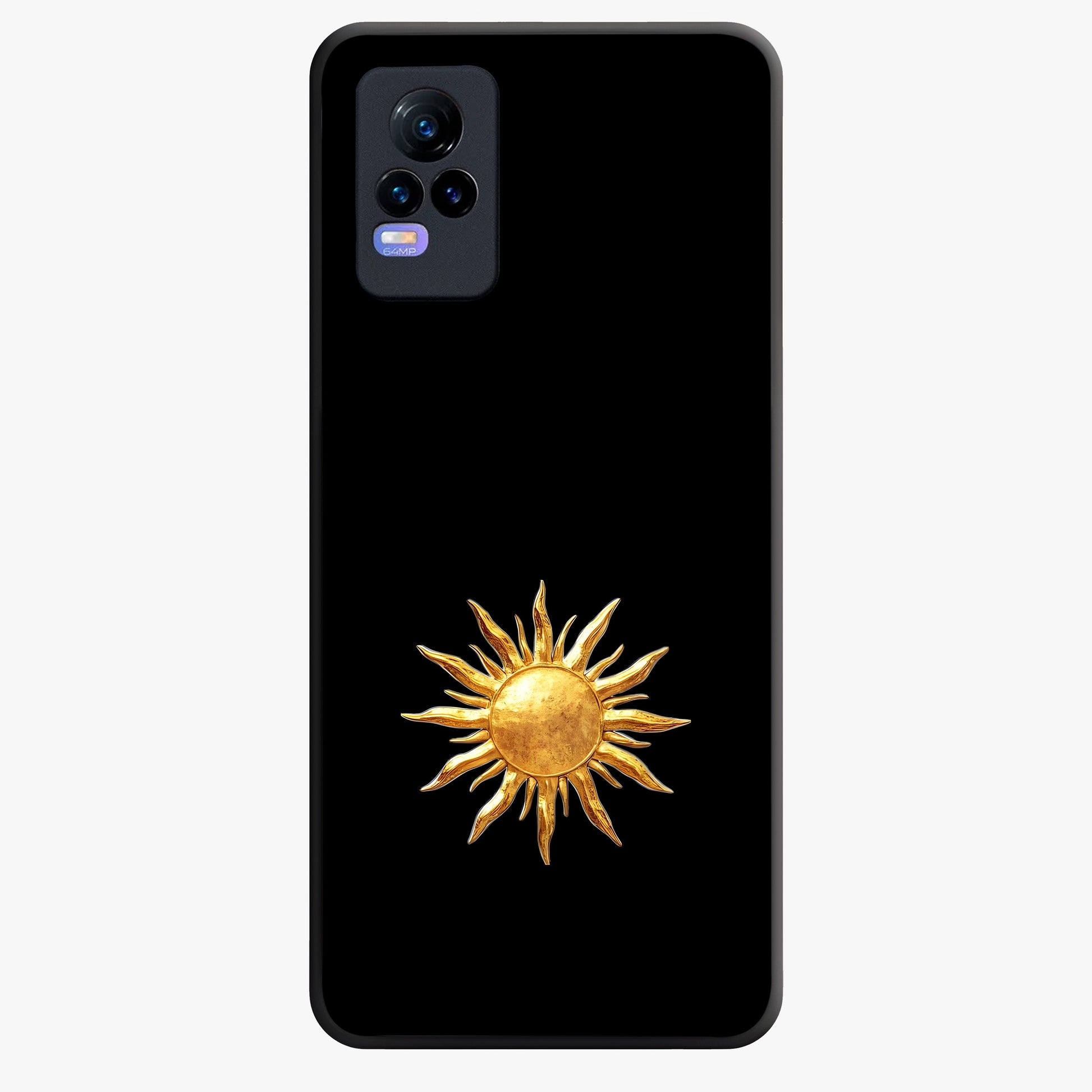 Golden Sun Minimalism Glass Case showing flat back view with minimal golden sun artwork and glossy glass finish.