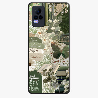 Green Islamic Books Quotes Glass Case showing flat back view with Islamic quotes and book themed artwork and glossy glass finish.