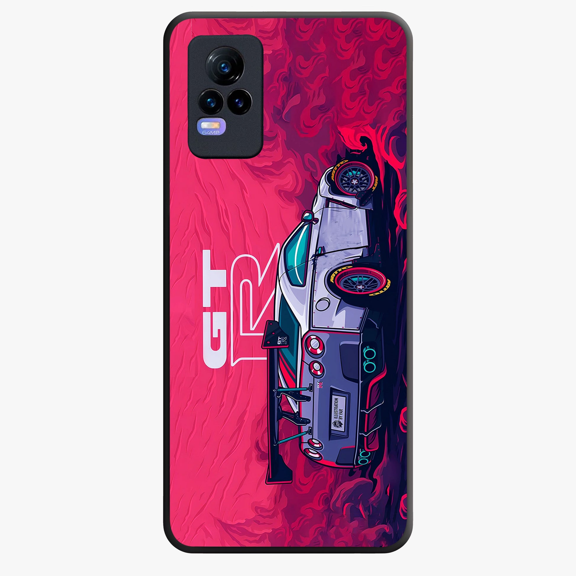 GT-R Car Pattern Glass Case showing flat back view with sporty car inspired pattern artwork and glossy glass finish.