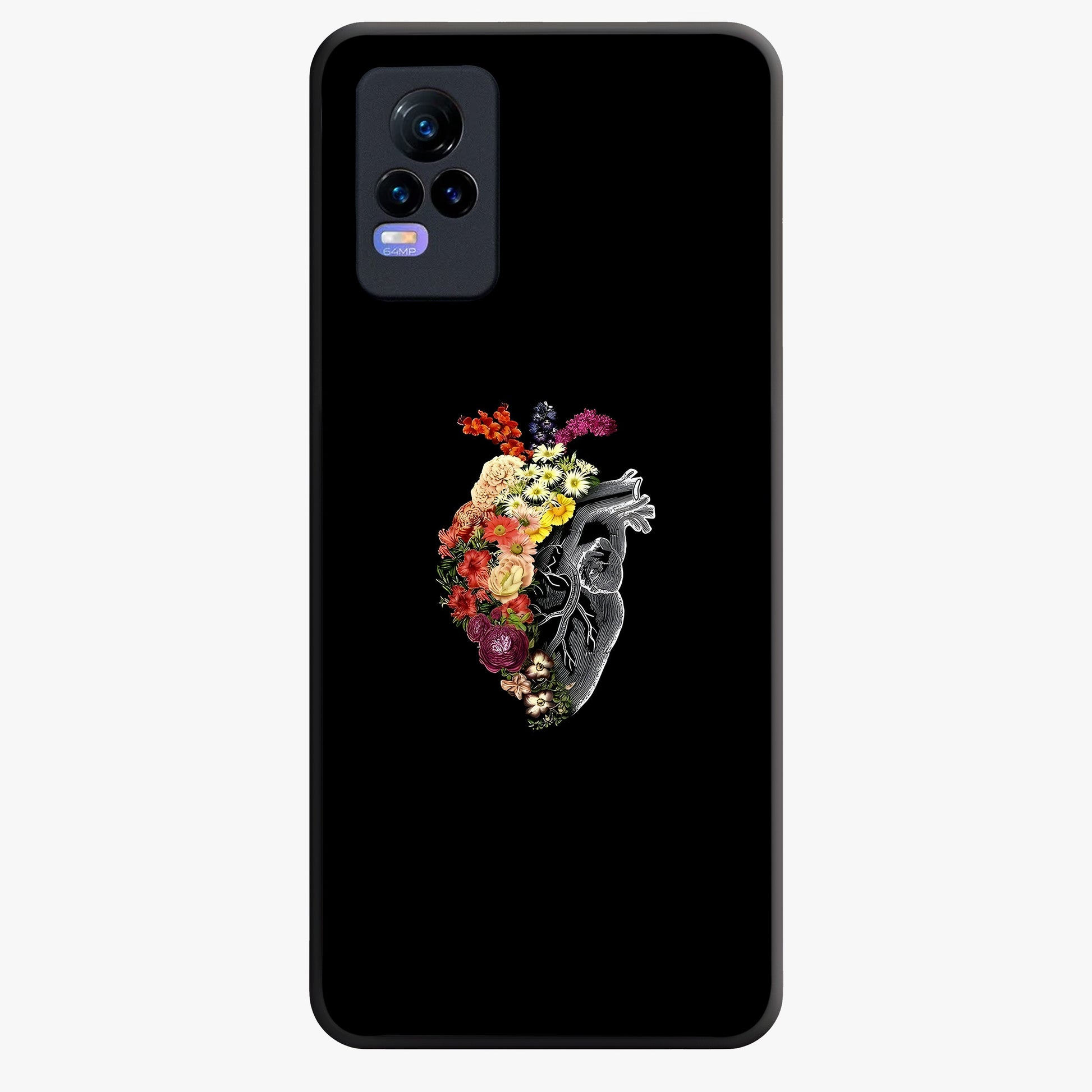 Heart With Flowers Glass Case showing flat back view with heart shaped floral artwork and glossy glass finish.