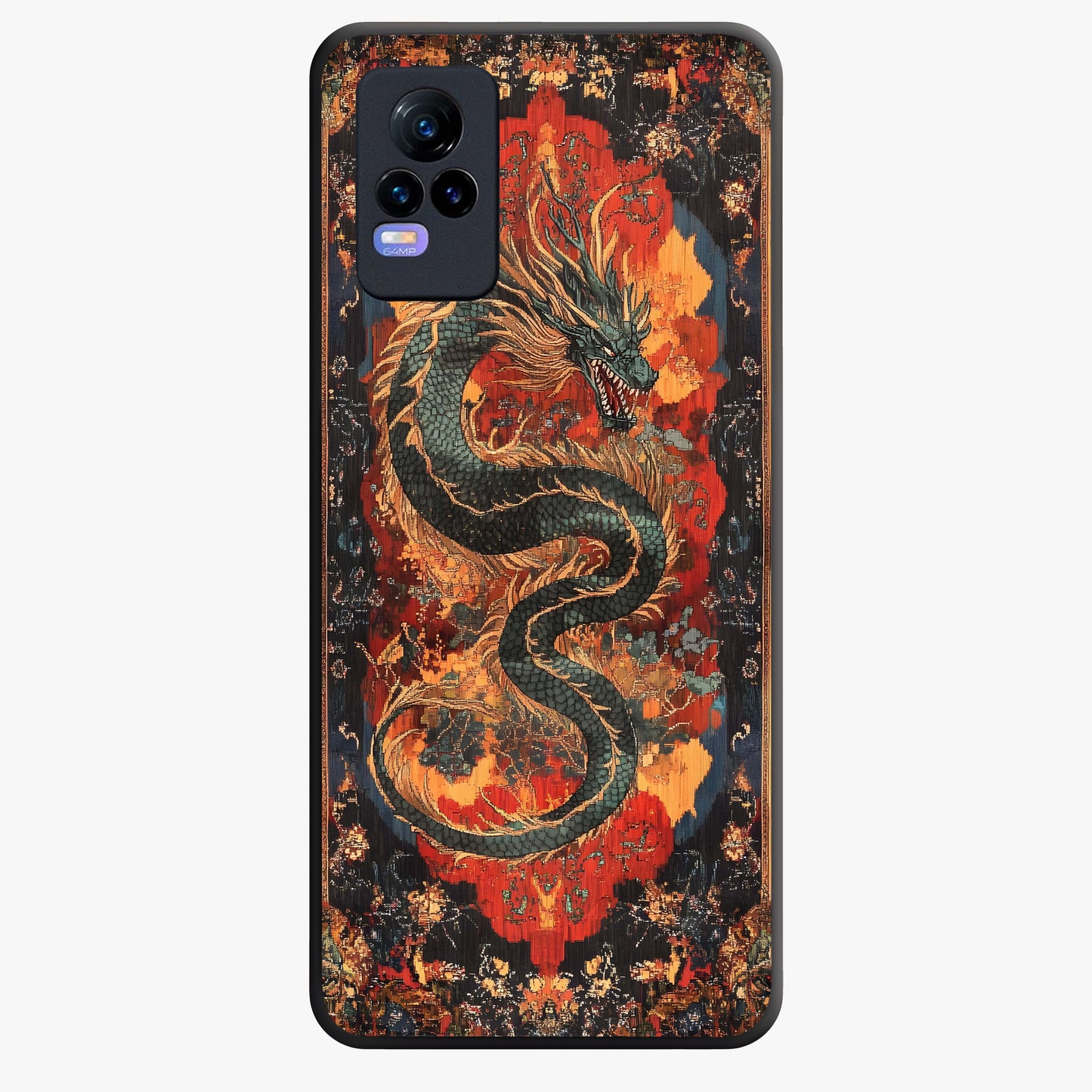 Inferno Dragon Soul Glass Case showing flat back view with fiery dragon artwork and glossy glass finish.