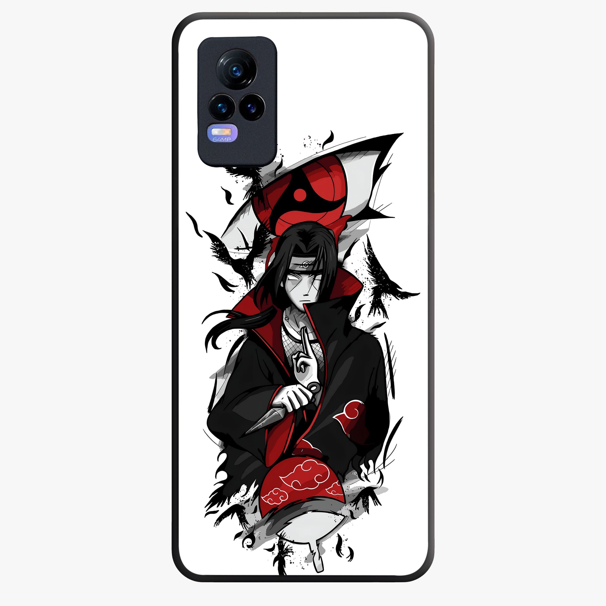 Itachi Sharingan Glass Case showing flat back view with powerful anime eye artwork and glossy glass finish.