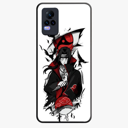 Itachi Sharingan Glass Case showing flat back view with powerful anime eye artwork and glossy glass finish.