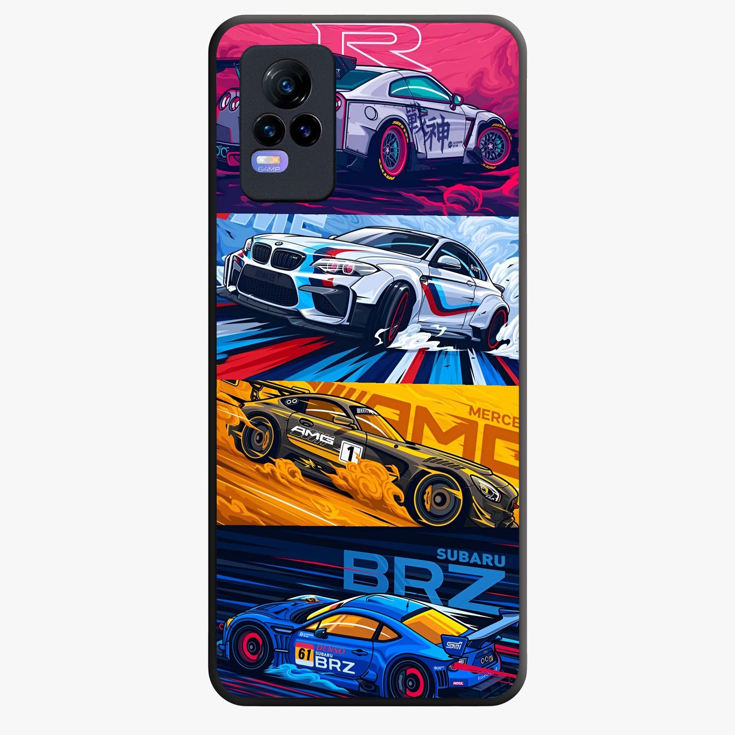 JDM Sports Car Glass Case showing flat back view with high performance sports car artwork and glossy glass finish.